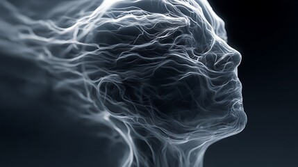 transparent human head with flowing light currents inside, representing stream of consciousness, hyper-realistic fine art, 