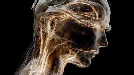 transparent human head with flowing light currents inside, representing stream of consciousness, hyper-realistic fine art, 