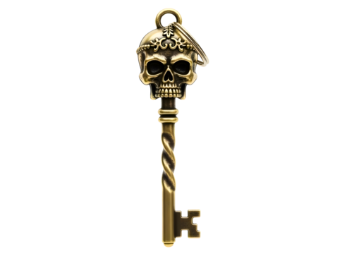 Golden skull shaped key with ornate details isolated on transparent background - Powered by Adobe