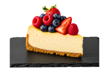 Slice of cheesecake topped with fresh mixed berries on slate isolated on transparent background