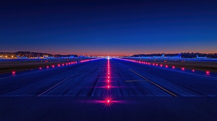 Empty airport runway at twilight, illuminated by vibrant red and blue lights