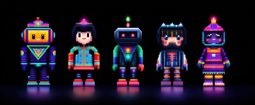 Cute stylized digital avatars with vintage 8-bit graphics and classic pixel art style