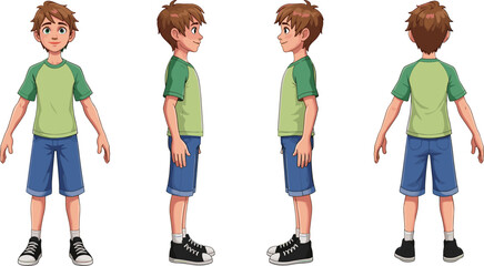 Cartoon boy character turnaround, front, side, back views, animation reference sheet, vector illustration, child model design, pose rotation set