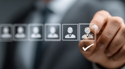 Man completes Hr checklist templates online, symbolizing digital recruitment and employee qualification assessment through Hr applications, highlighting digital transformation