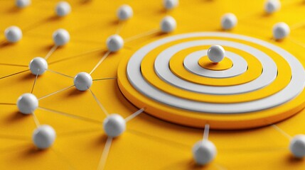 Conceptual network connects to target on yellow background, achieving focus and goal attainment