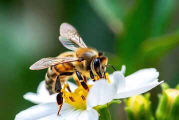 A fuzzy honey bee diligently collects nectar from a vibrant white flower in a garden © Foysal