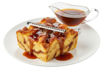 Slice of bread pudding with caramel sauce boat and metal zester isolated on transparent background