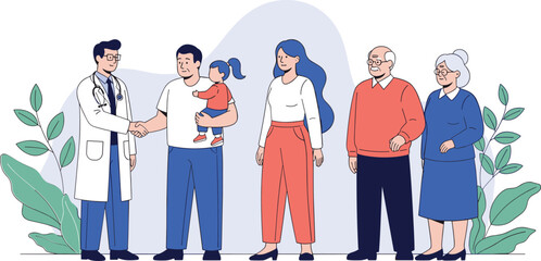 Doctor interacting with family and elderly patients, healthcare community scene, vector illustration, medical support, family care, wellness outreach
