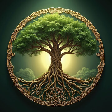Symbolic tree of life in gold circular frame. Celtic knotwork and intricate roots show nature growth. Rich green leaves reach towards bright sun. Sacred symbol represents connection and rebirth.