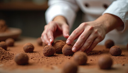 Baker hands shape dark chocolate truffles dusted with cocoa powder. Fresh homemade sweets arranged on wooden table for gourmet dessert or gift.