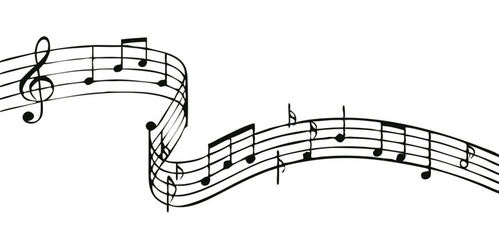 Vector musical melody with floating notes on staff lines. Curved musical notes and treble clef lines illustration. 
