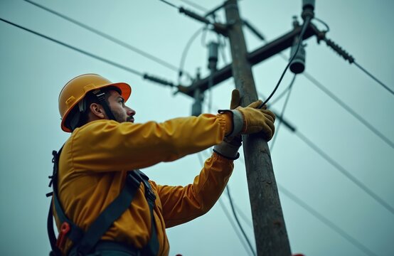 Man in yellow safety clothes and helmet repairs power line. He works on utility pole connecting wires with gloved hands. Worker ensures electrical grid function against cloudy sky.