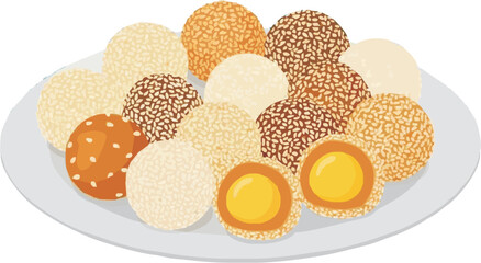 Vector illustration of a platter of assorted Onde-Onde/Jian Dui (sesame balls) with mixed sesame seed coatings and a cross-section revealing the sweet custard filling, on a blue background.