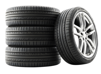 Stack of car tires with one leaning on side isolated on transparent background