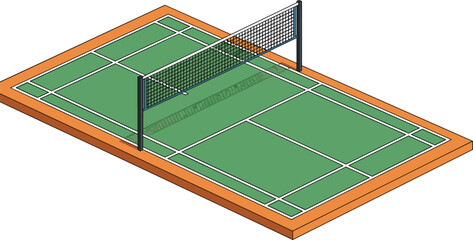 Isometric badminton court with net and markings, green field layout, vector illustration, sports setup, game design, athletic competition theme