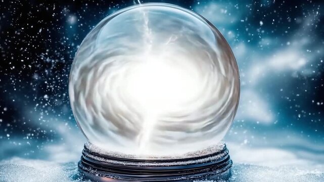 Swirling storm inside a snow globe with lightning illuminating the interior