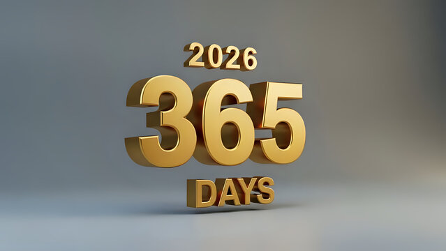 Golden 3D Text 2026 and 365 Days Representing the New Year's Full Cycle on a Grey Background