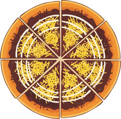 Top-down vector illustration of a whole Martabak Manis (sweet Indonesian thick pancake), sliced into portions and topped with chocolate sprinkles, condensed milk, and grated cheese.