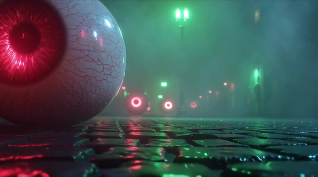 3D surreal Halloween pumpkins giant eyeballs instead faces, glowing orange green, eyeballs rolling detaching, swarm towards camera, cinematic spooky fog, 4K, creepy yet mesmerizing animation