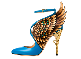 Highheeled blue shoe with peacock feather design on transparent background