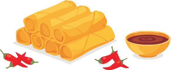 Vector illustration of a stack of golden brown Lumpia (spring rolls) served with a dipping sauce bowl and red chili peppers, often seen in Indonesian, Filipino, or Chinese cuisine.
