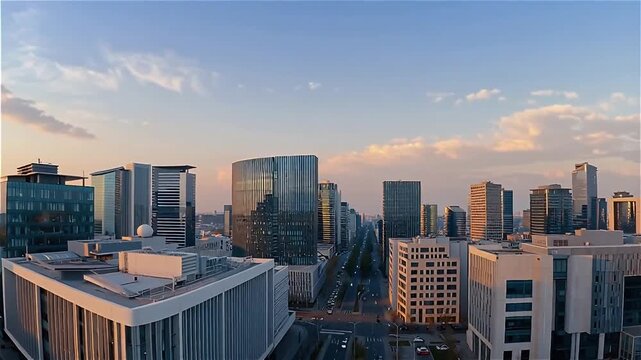 Ultra-Realistic City Morning Timelapse at Sunrise with Soft Golden Light, Calm Urban Atmosphere, Smooth Traffic Motion and Cloud Movement  Clean Modern Cityscape, 4K Cinematic Professional Stock Video