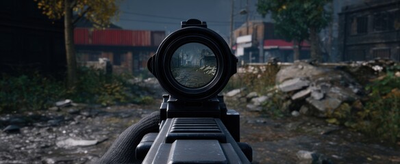 The intense first-person shooter carefully aiming down the detailed weapon sight in gameplay.