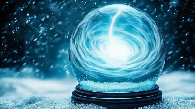 Swirling storm inside a snow globe with lightning illuminating the interior
