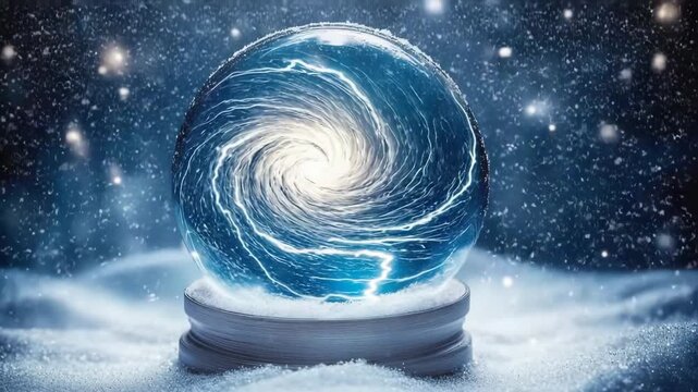 Swirling storm inside a snow globe with lightning illuminating the interior