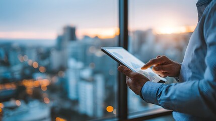 Executive Reviewing Financial Reports on Tablet with City Background