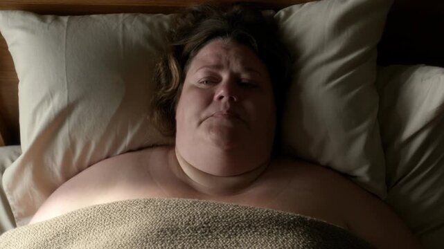 A woman lying in bed, showing signs of sleepiness and exhaustion Stock Video