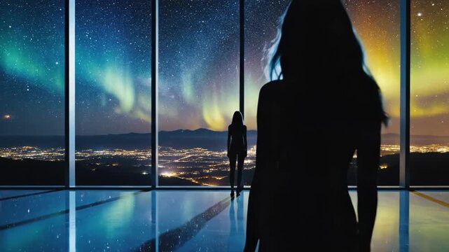 Silhouette of a woman looking out at the aurora borealis through a large window
