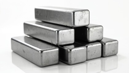 Shiny metallic rectangular blocks stacked in a pyramid shape. The polished silver metal surfaces have slight imperfections and scratches, resting on a reflective white surface, isolated.