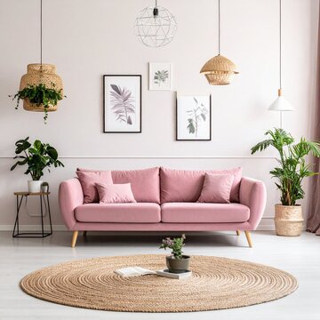 Ein stilvoll eingerichtetes Wohnzimmer zeigt ein rosa Sofa