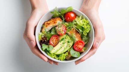 Hands hold a bowl filled with fresh salad grilled chicken and colorful vegetables in sunlight.