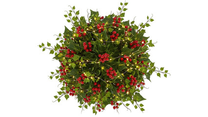Fototapeta premium Overhead view of a festive holly arrangement with glowing string lights