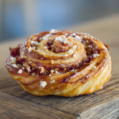 Fototapeta premium Nut swirl pastry with crumble topping on wood