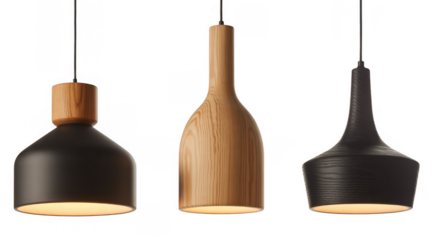 Modern pendant lights with wooden accents isolated on a transparent background lighting