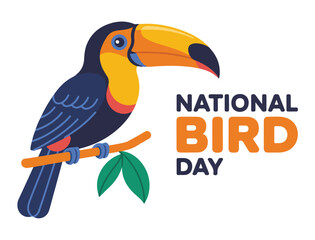 Toucan Perched on Branch Celebrating National Bird Day on a White Background