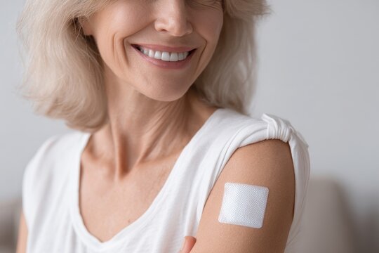 Smiling Senior Woman with Transdermal Patch for Oestradiol Therapy on Her Arm - A Substitute for Tobacco Use