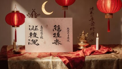 Elegant Chinese Calligraphy Display with Red Lanterns and Candlelight.