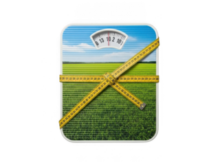 Weight scale with crossed measuring tape over a green field and blue sky image, symbolizing diet, fitness, and healthy lifestyle concept isolated on transparent background