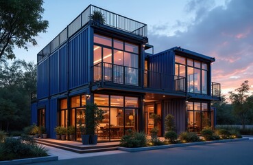 Fototapeta premium Modern modular building made of shipping containers. Features glass walls, balconies, rooftop terrace. Eco friendly design with ambient lighting at twilight. Offers commercial retail, office spaces.