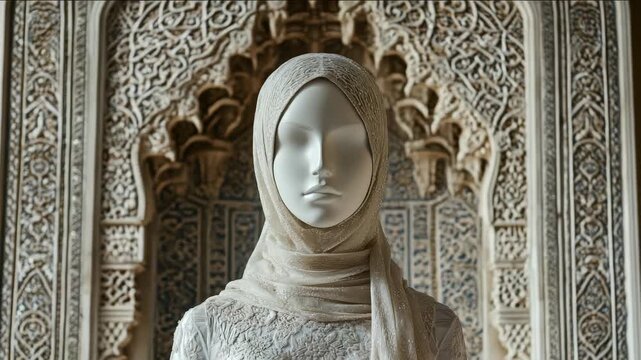 Muslim woman in hijab. Mannequin bride in wedding white festive dress and hijab. Modesty. Religion Islam. Wedding and engagement. A woman wearing a white head scarf stands in front of a wall with intr