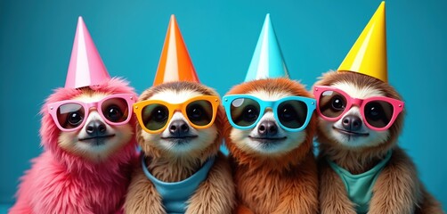 Group of cute sloths wear party hats sunglasses. These adorable sloths look funny and celebrate something. Fun animal photo on blue background. Happy sloths create festive mood
