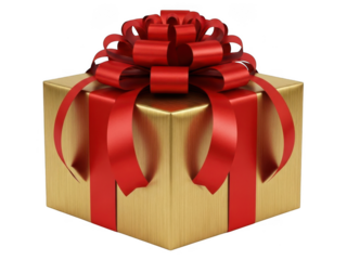 A beautifully wrapped golden gift box with a large, vibrant red satin ribbon and bow, isolated on transparent background for holiday or celebration use