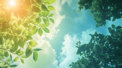 Looking up through trees to sunny sky