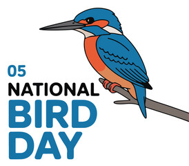 Kingfisher Bird Perched on Branch Celebrating National Bird Day on a White Background