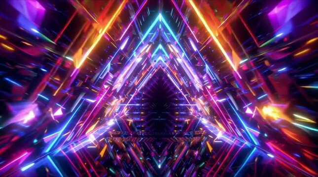 3D neon fractal tunnel, DJ silhouette center, glowing geometric shapes rotating exploding music beats, kaleidoscopic light trails, futuristic cyberpunk energy dynamic 4K, cinematic lighting, motion 4k