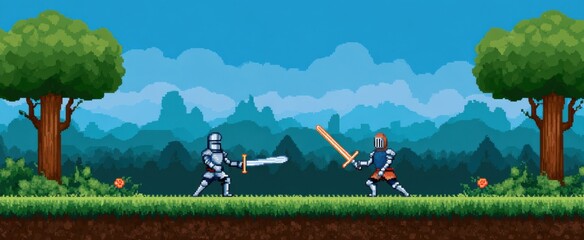 The retro pixel art battle scene is a nostalgic dance of digital warriors.